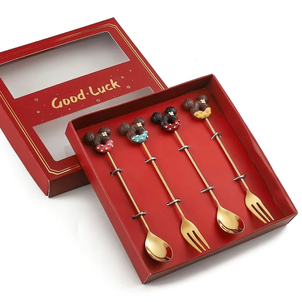 4pcs Donut Mickey Mouse Dessert Cutlery Set 2 Forks, 2 Coffee Spoons